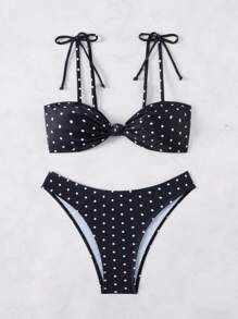SHEIN Swim 2pcs/Set Women Dot Print Twist Knot Front Bikini Set, Casual Resort Swimwear, Summer Beach Vacation