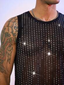 FeverCity Men's Hot Diamond Mesh Loose Round Neck Fashionable Top - Black - View 4