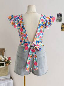 Soleia Women's Plus Size Holiday Yellow Fresh Fruit Flower Print Music Festival Cap Sleeves Backless Big Bowknot Top - Multicolor - View 2