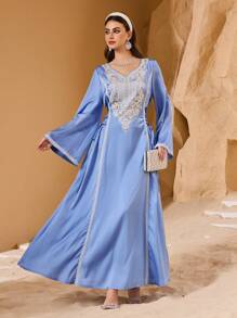 Al Najma 奢华串珠缝线，优雅侧腰系带，修身剪裁，高贵青春的女士连衣裙，卡夫坦和贾拉比亚，女士奢华晚礼服，端庄