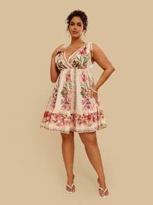 Travachic Plus Size Holiday Casual Boho Summer Beach Flower Print Shoulder Strap Waist Ladies Short Dress For Spring - Multicolor - View 3