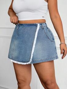 SHEIN EZwear Culotte vaquero casual con volantes para mujer de tallas grandes - Azul lavado medio - Ver 3