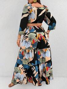 SHEIN Clasi 2pcs Plus Size Women Boho Casual Cropped Plant Print Top And Wide Leg Pants Co-Ord Set, For Summer - Multicolor - View 2