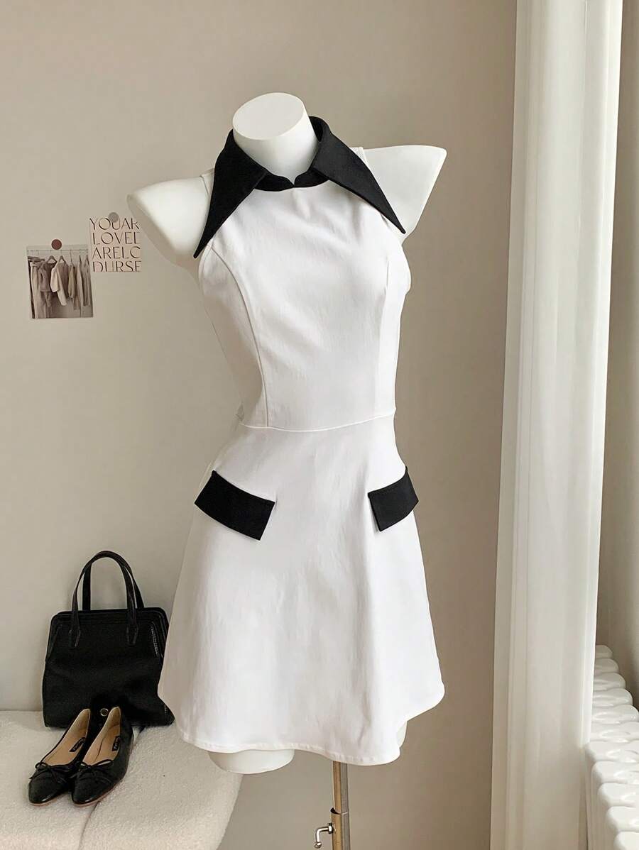 Comfortcana Women Elegant Color Block Sleeveless Mini Dress - Black and White - View 1