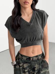 Comfortcana 女士 V 领蝙蝠袖短袖破洞短款运动衫，休闲风格 - 黑色 - 查看 6