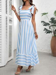 Breezaya Damska sukienka w paski z ramiączkami spaghetti, patchworkiem i kokardą