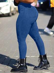 SHEIN Essnce Jeans ajustados de cintura alta casual y desgastados para mujer - Lavado ligero - Ver 3