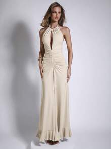 COSMINA 女士优雅奶油色褶皱连衣裙，适合派对、春夏季