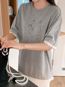 DAZY Tricou de vară pentru femei, cu guler rotund, dantelă, imprimeu de balet, mânecă scurtă, topuri drăguțe