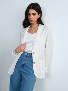 Chiquease 1 件女士竹纤维薄款西装外套，女士休闲百搭白色西装外套