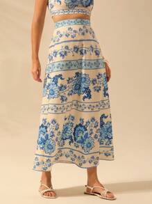 CAJUNI Women's Boho Tropical Plant & Flower Blue Print Skirt, Vacation Casual Summer Skirt