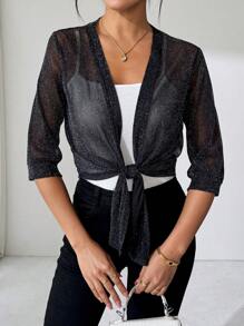 SHEIN Clasi Elegant Women's Silver Thread Black Casual Lightweight Top, Versatile For Daily Wear, Spring/Summer