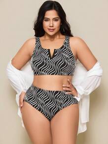 SHEIN Swim Curve 大码 2 件套斑马纹面料 V 形棕褐色休闲女士比基尼套装，夏季海滩度假 - 黑與白 - 查看 1
