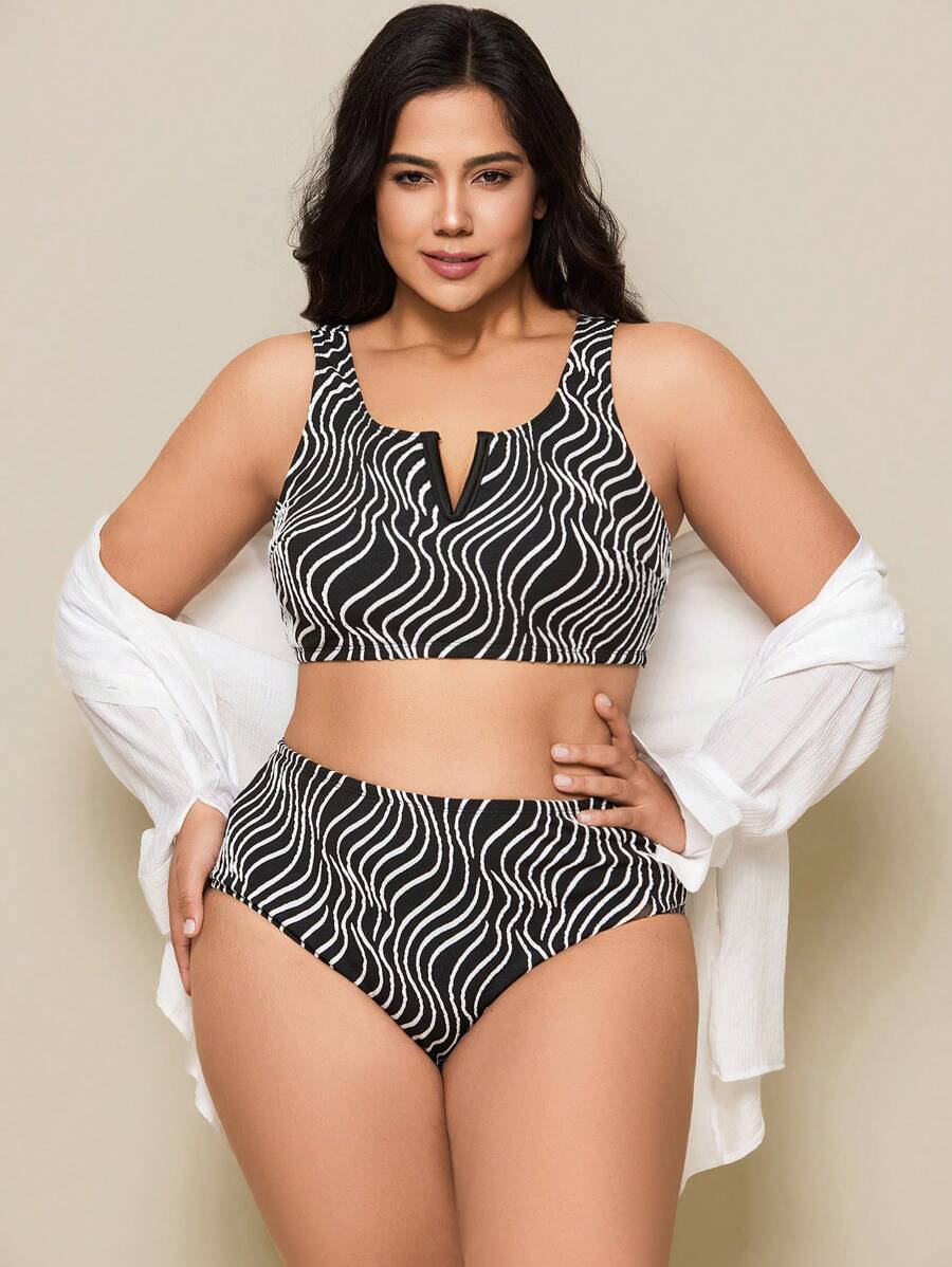 SHEIN Swim Curve 大码 2 件套斑马纹面料 V 形棕褐色休闲女士比基尼套装,夏季海滩度假 - 黑與白 - 查看 1