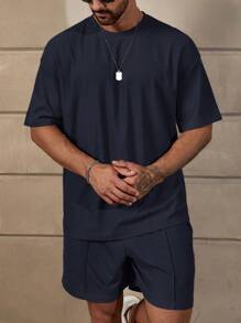 Manfinity Homme Men Casual Solid Drop Shoulder Tee & Shorts, Cozy Outfits - Navy Blue - View 5