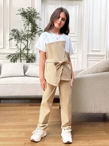 SHEIN Leap Crew 青少年女孩都市時尚春夏短袖拼接上衣和褲子套裝 - 卡其色 - 查看 4