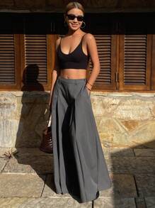 Livesso Luźne plisowane szerokie nogawki w stylu vintage w jednolitym kolorze dla kobiet, wiosna/lato - Szary - Zobacz 3