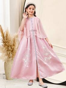 Vestido largo de satén con cinta de lurex adornada y bordado para niña preadolescente, cuello redondo, botones abiertos, cinta de seda dorada y plateada adornada, bordado decorativo estilo chal, día de San Valentín, niña preadolescente, vestido de niña de las flores, Ramadán, Eid Al-Adha, vestido rosa - Rosa - Ver 7