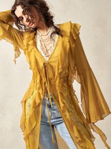 Bohemela Vestido mini BOHO para mujer con mangas acampanadas, nudo delantero y encaje de contraste con volantes, ropa bohemia chic, ropa de mujer bohemia