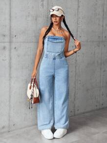 SHEIN EZwear Bộ đồ liền thân denim rộng rãi đơn giản có túi dành cho nữ - Màu xanh lam - Xem 4