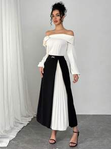 Modelyn Women's Elegant Off Shoulder Pleated Skirt 2 Pieces Set, Suitable For Work, Party And Daily Wear