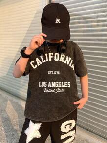 SHEIN Tween Boy Fashion Casual Y2k Gray And Black Denim Hipster Cool Monogram Design Off Shoulder Short Sleeve Street Hipster Snow Texture T-Shirt For Boy Soft Dailywear And The Spring And Summer Kids Clothes - Grey - View 4