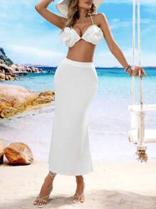 SHEIN EZwear 女士 2 件套优雅 3D 花朵设计浪漫假日套装 - 白色 - 查看 6