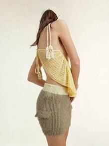 SHEIN LUNE Women's Backless Butter Yellow Retro Spaghetti Strap Knitted Camisole Top, Sexy & Vacation Wear For 25 Spring&Summer - Yellow - View 6