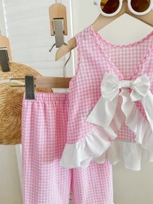 SHEIN LMoss Kids Baby Girl Summer Cute Pink Plaid Color Matching Ruffled Top Elastic Waist Trousers Suit - Pink - View 5