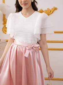 2pcs Set: Teens Girls Exaggerated Flare Sleeve Top And Mini Skirt Suit - Multicolor - View 4