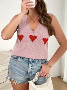CosyJoli Plus Size Heart Print V-Neck Casual Pullover Sweater Vest, Suitable For Valentine's Day In Fall/Winter - Pink - View 2