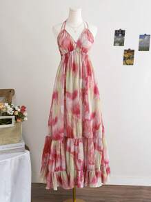 Soleia 女式露背 V 领抽绳连衣裙，花卉印花，适合夏季、假日 - 彩色 - 查看 2