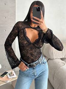 Aloruh 1pc Women's Black Long Sleeve Hollow-Out Sexy Blouse - Black - View 5