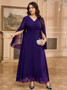 Modelyn Vestido largo y simple de manga larga con parches de malla en unicolor para tallas grandes - Morado - Ver 6
