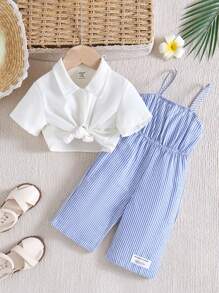 SHEIN 女婴可爱条纹连体衣配短袖衬衫，夏季度假套装 - 藍白色 - 查看 1