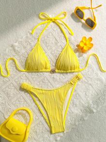 SHEIN Swim Women Summer Beachwear Sets For Women, Yellow Textured Fabric Shoulder Strap Simple Summer Vacation 2 Pieces Bikini Swimwear - Yellow - View 1