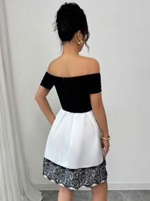 Elenzga 女士时尚新款露肩蕾丝拼接夏季度假连衣裙