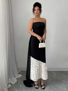 Elenzga 1pc Fitted Knit Dress With Colorblock And 3D Cut-Out Rose Pattern, Bustier Style - Black - View 4