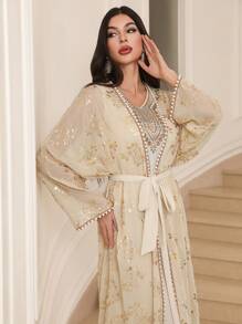 Al Najma 女士金色花卉印花长袖长袍和连衣裙阿拉伯服装套装，朴素 - 彩色 - 查看 6