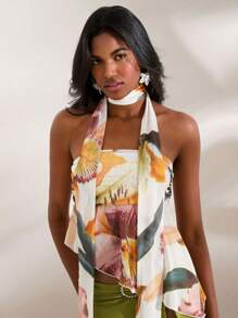 Opulessa 针织网眼印花不对称下摆女式背心 - 白色 - 查看 6