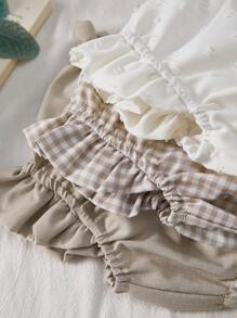Vintaside Kids 3pcs Baby Girl Holiday Christmas Casual White Apricot Plaid Multi-Colored Three Pieces Shorts In Woven Fabric. Suitable For Summer, Waist And Trouser Leg Ruffled Decoration And Rope Design, Fashion Sweet And Playful Elements, Loose Version, Suitable For Daily Wear, Home Leisure, Shopping And So On
