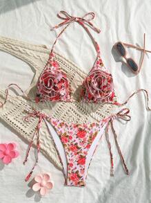 SHEIN Swim 2pcs Ditsy Floral Halter Neck Triangle Bikini Swimwear Set, Sweet Spring Break/Vacation Style, Summer Beach - Multicolor - View 2