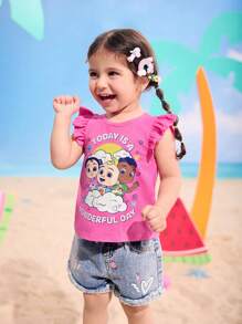 CoComelon X SHEIN Baby Girl Cartoon Graphic Cloud Print Cap Sleeve Round Neck Pink T-Shirt - Hot Pink - View 4