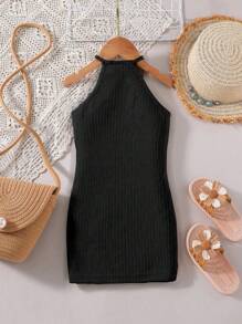 SHEIN Girls Tassel Decor Twisted Knit Dress, Suitable For Outdoor & Beach Vacation, Summer