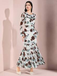 Modelyn Spring Valentine's Day Women's Long Sleeve Floral Print Romance Flounce Dress Botanical Print - Multicolor - View 4