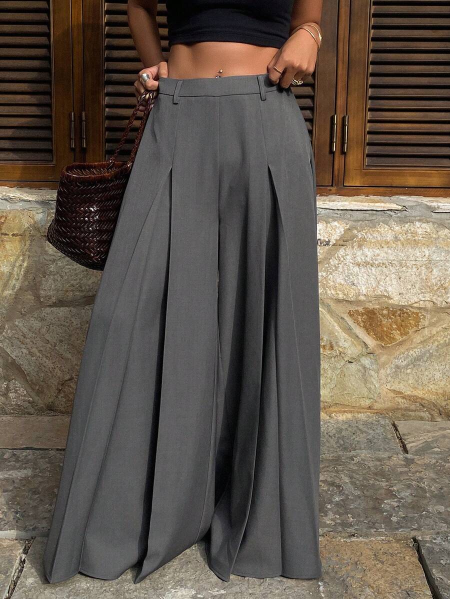 Livesso Luźne plisowane szerokie nogawki w stylu vintage w jednolitym kolorze dla kobiet, wiosna/lato - Szary - Zobacz 1