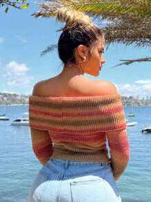 SHEIN SXY Colorful Yarn Off Shoulder Exposed Shoulder Sweater, Comfortable Casual Outerwear, Long Sleeve Cropped Knit Top, Spring & Autumn - Multicolor - View 1