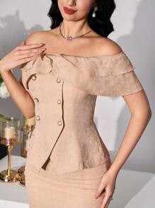 Modelyn 女士荷叶领上衣优雅包臀裙两件套 - 杏色 - 查看 6