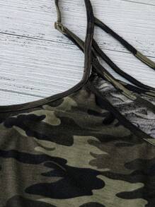 SHEIN LUNE Plus Size Women's Knitted Camouflage Front Neckline Cross Hollow Casual Daily Comfortable Camisole - Green - View 3