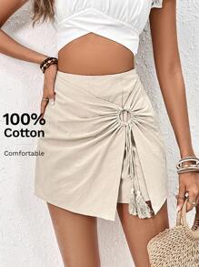 SHEIN Frenchy 流苏装饰环链蝴蝶结裹身迷你不对称下摆短裙 - 杏色 - 查看 8